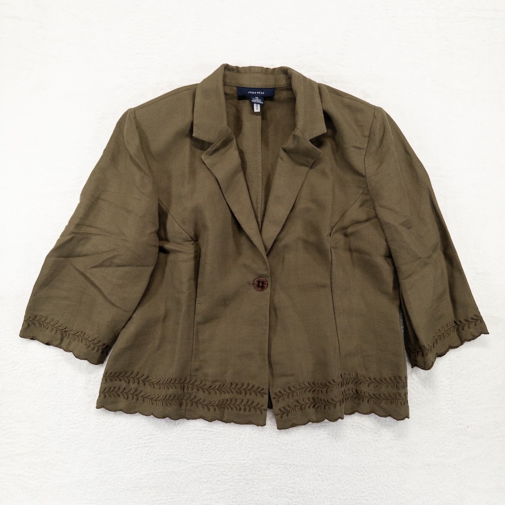Jones Wear Womens Blazer 16 Olive Green Linen Blend Embroidered Scallop Jacket